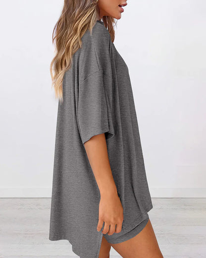 Summer Casual Oversized Lounge Set with Split Hem Shirts & Side Pocket Biker Shorts
