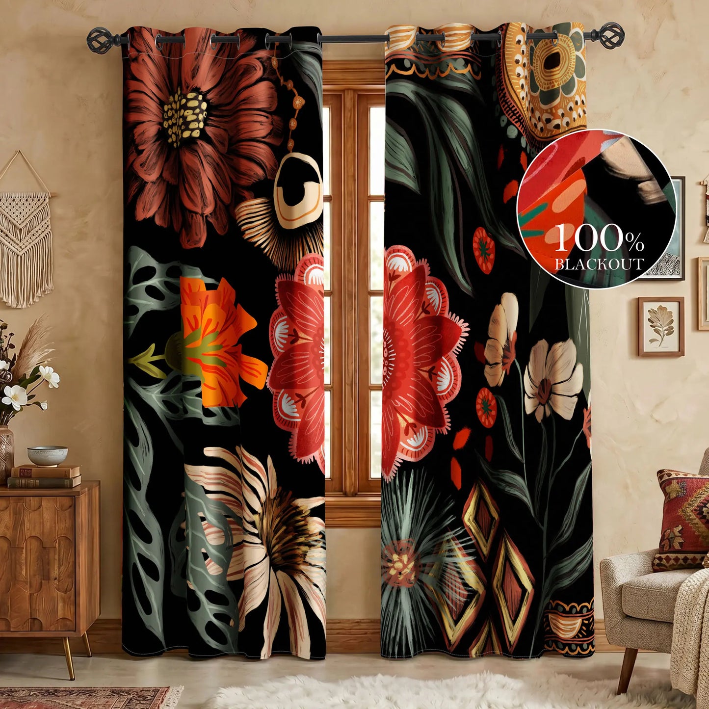 Boho Floral Blackout Curtains - 2 Panels for Bedroom