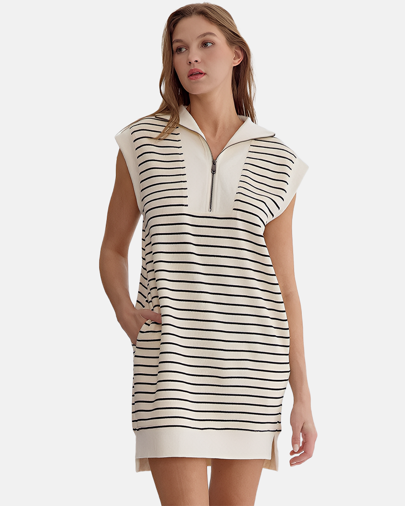 Limited time sale🔥Women's Striped Casual Zipper Cap Sleeve Mini Dress