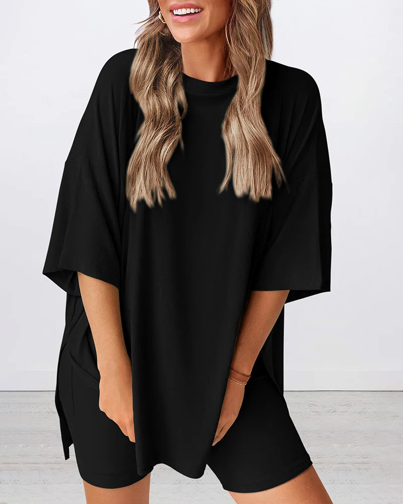 Summer Casual Oversized Lounge Set with Split Hem Shirts & Side Pocket Biker Shorts