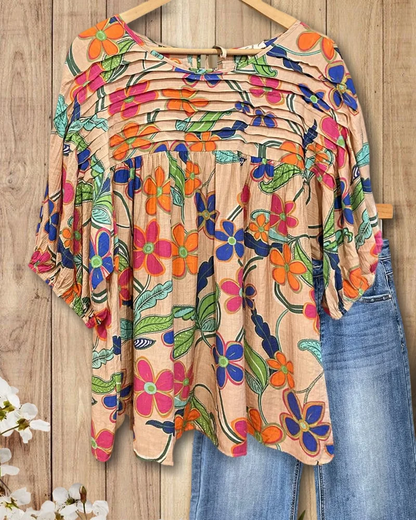 Applique & Floral Print Pleated Detail Rocking Blouse