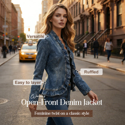🧥  Women's Denim Jacket – Open-Front, Ruffle Trim, Lightweight, Classic Wash ✨