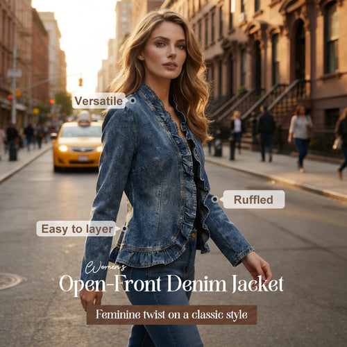🧥  Women's Denim Jacket – Open-Front, Ruffle Trim, Lightweight, Classic Wash ✨