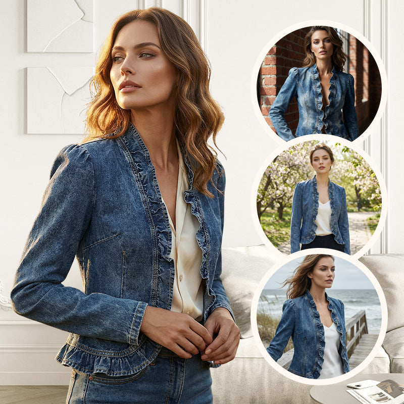 🧥  Women's Denim Jacket – Open-Front, Ruffle Trim, Lightweight, Classic Wash ✨