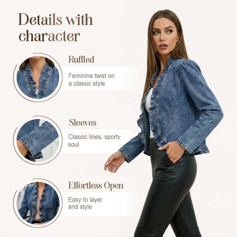 🧥  Women's Denim Jacket – Open-Front, Ruffle Trim, Lightweight, Classic Wash ✨