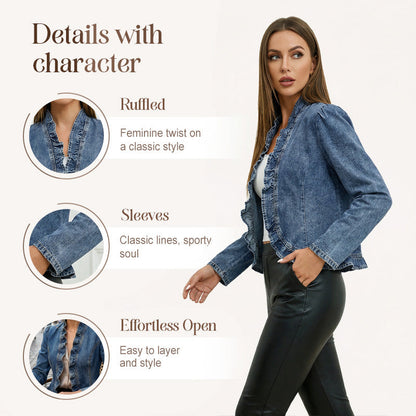 🧥  Women's Denim Jacket – Open-Front, Ruffle Trim, Lightweight, Classic Wash ✨